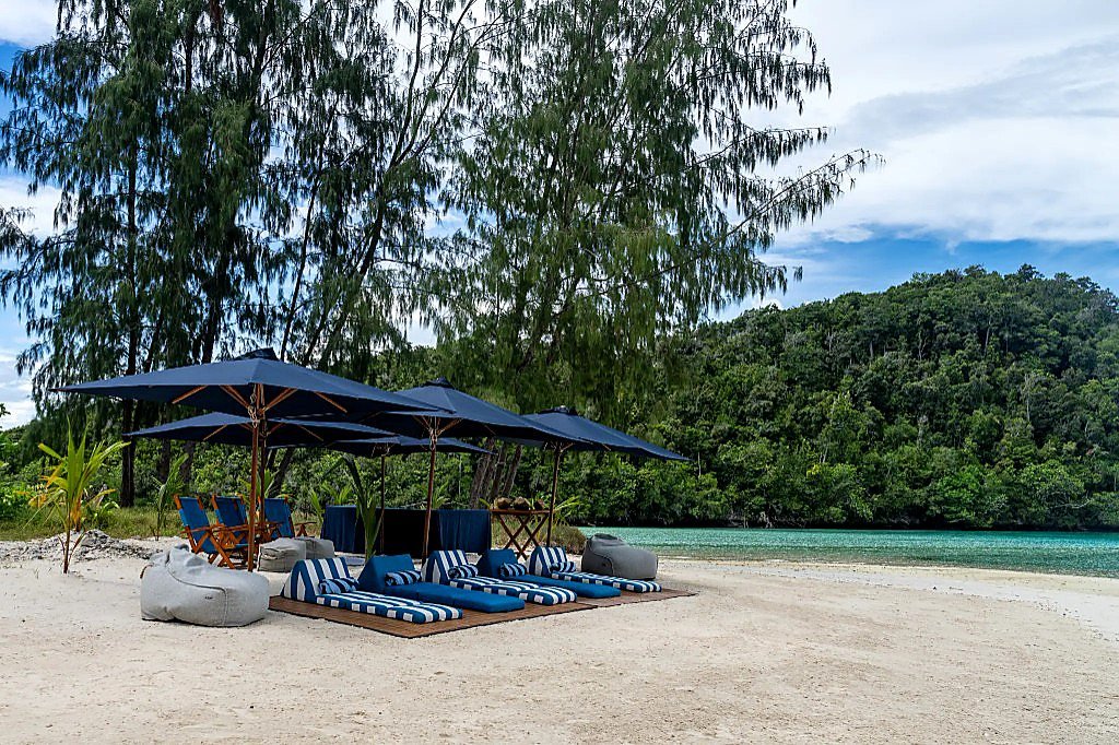 Private beach day setup with navy umbrellas and striped loungers