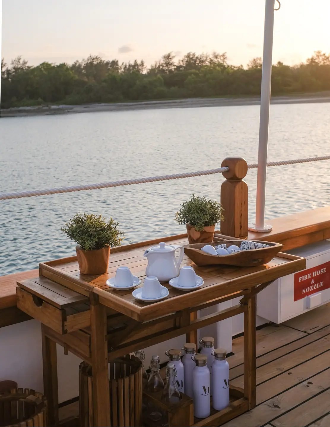 Breakfast set on the side deck of Mutiara Laut