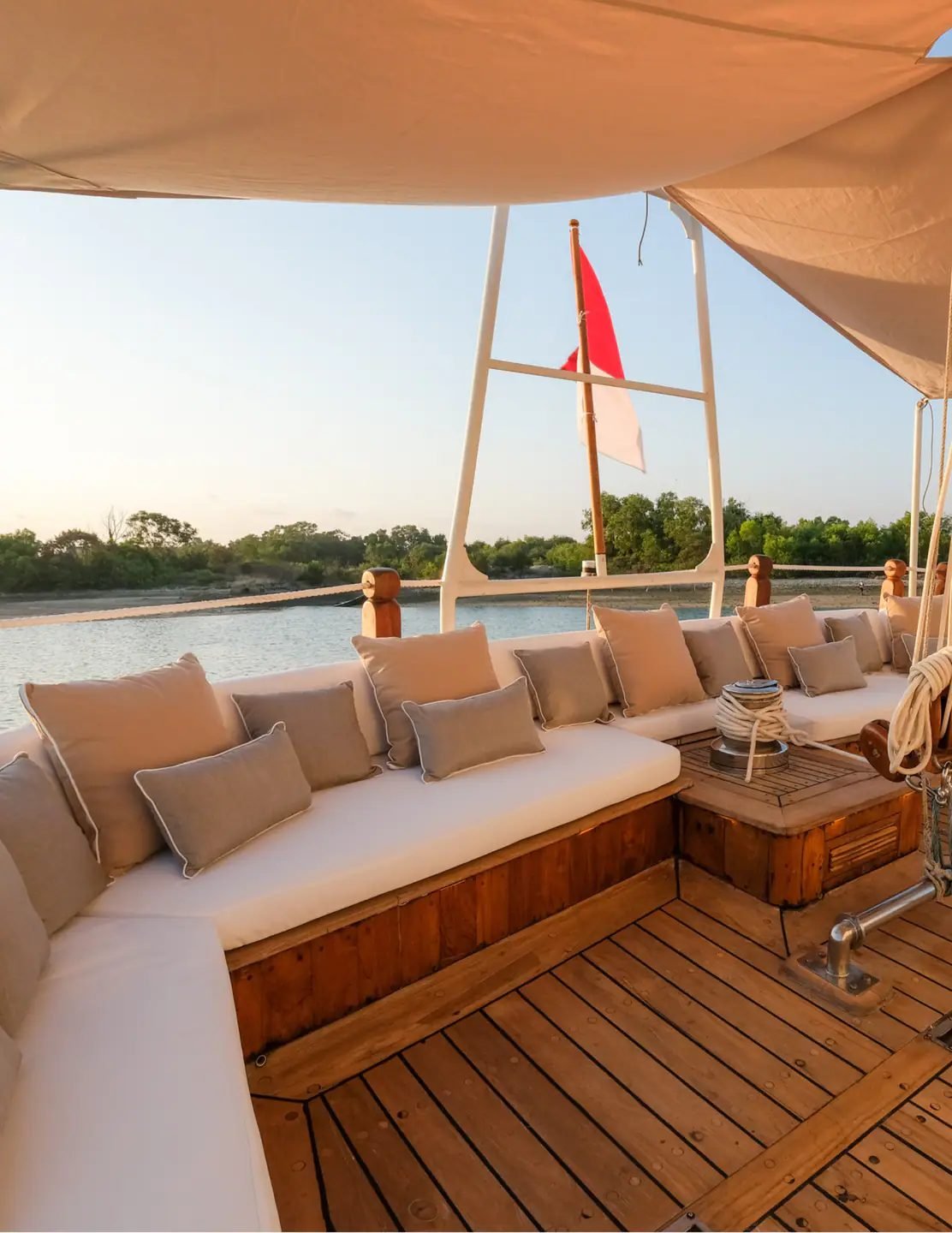Cushioned seating on the upper deck of Mutiara Laut