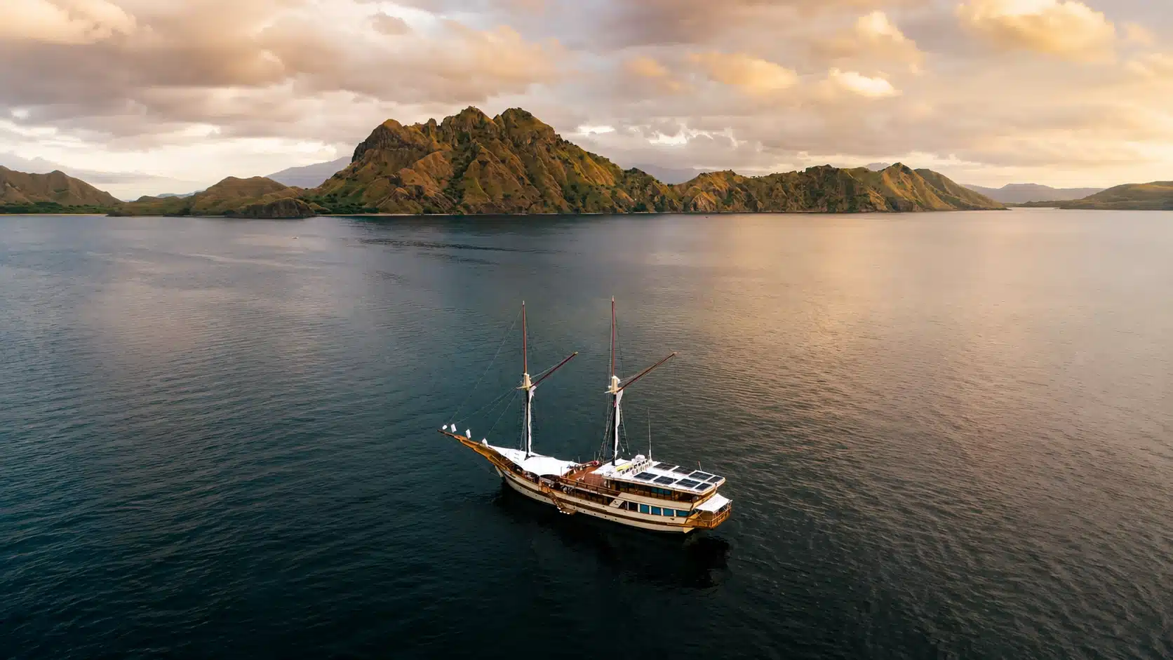 Otium at anchor in the evening, a 48-metre phinisi in Indonesia