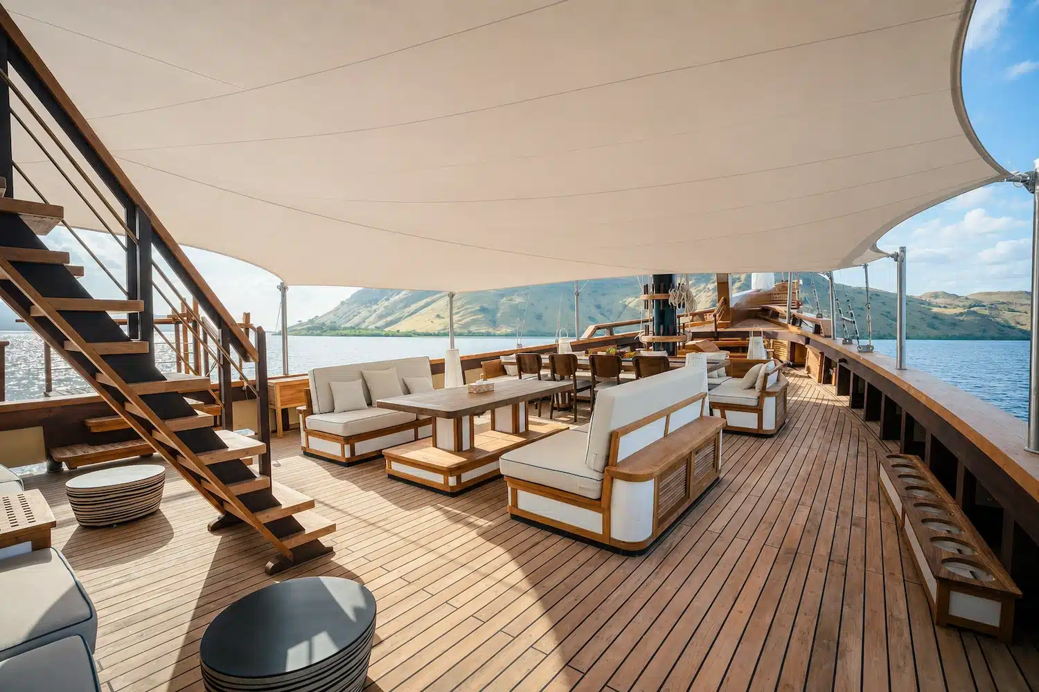 Shaded lounge and dining deck on Otium