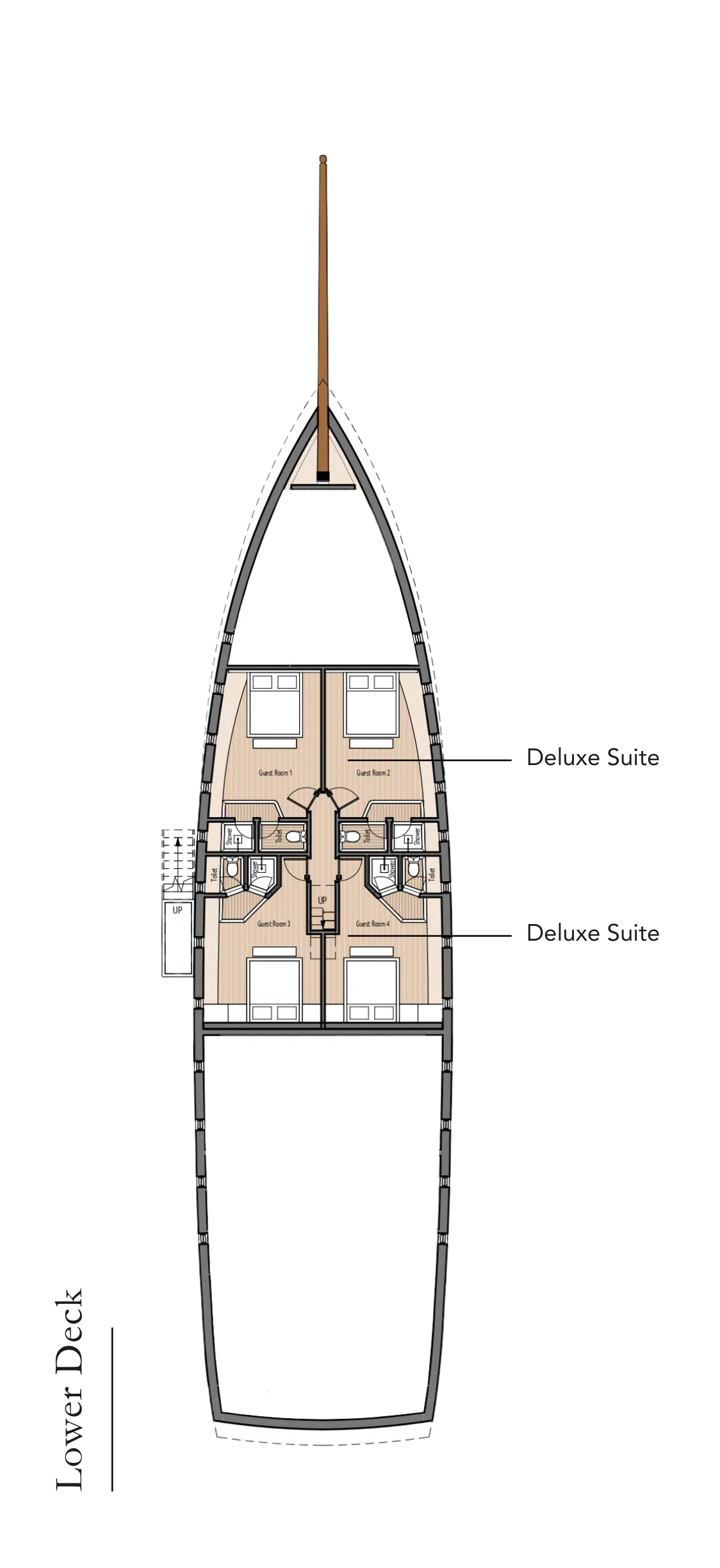 Lower deck plan of Otium, with four deluxe suites