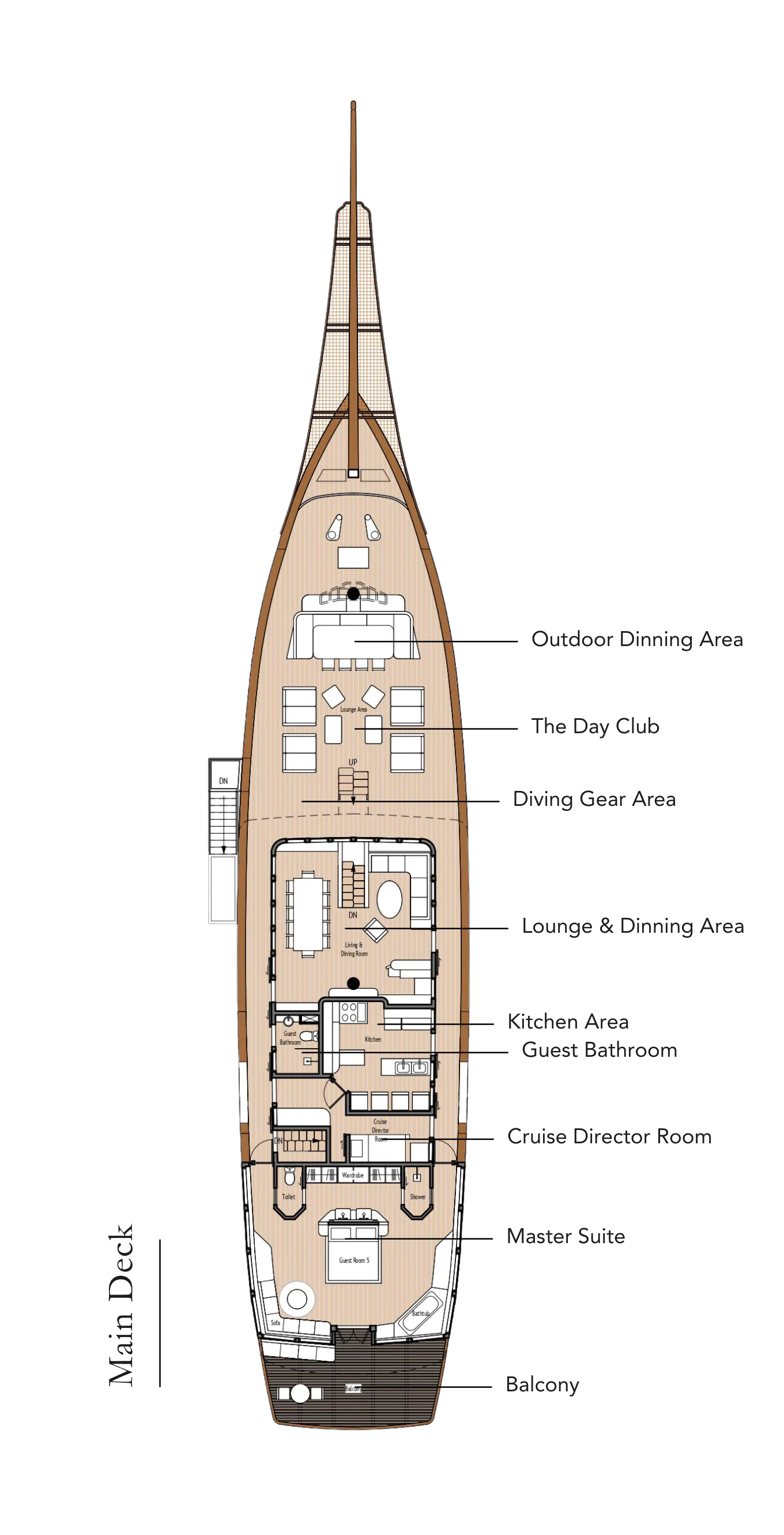 Main deck plan of Otium, with the master suite, lounge and day club