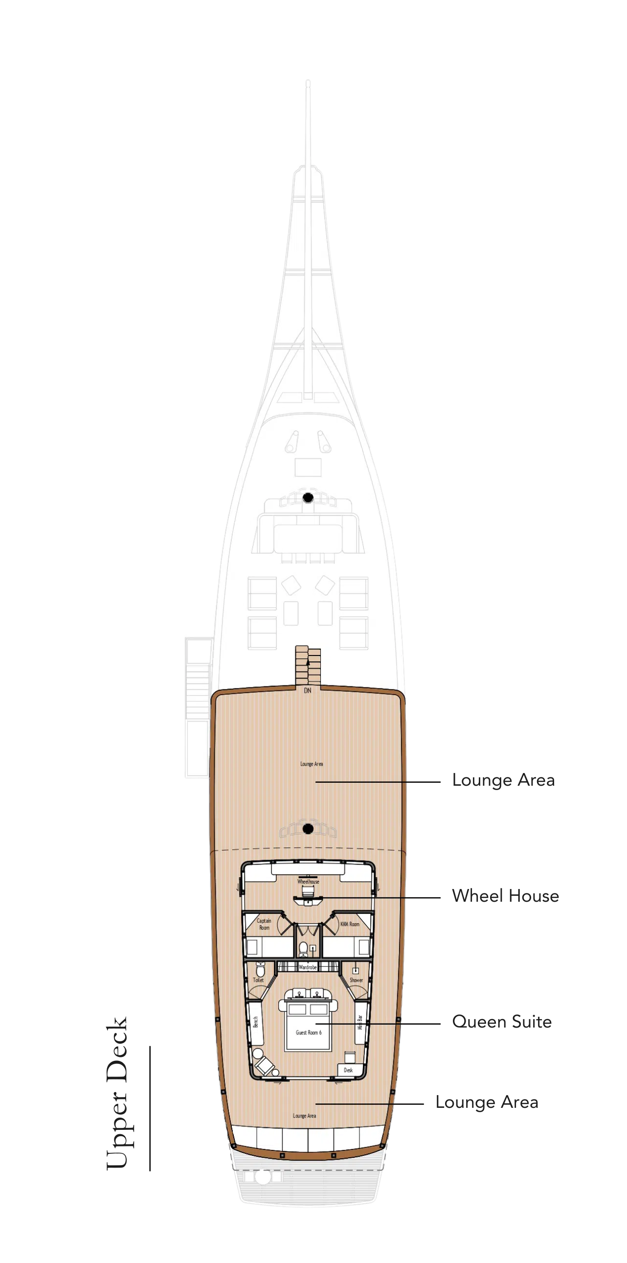 Upper deck plan of Otium, with the queen suite