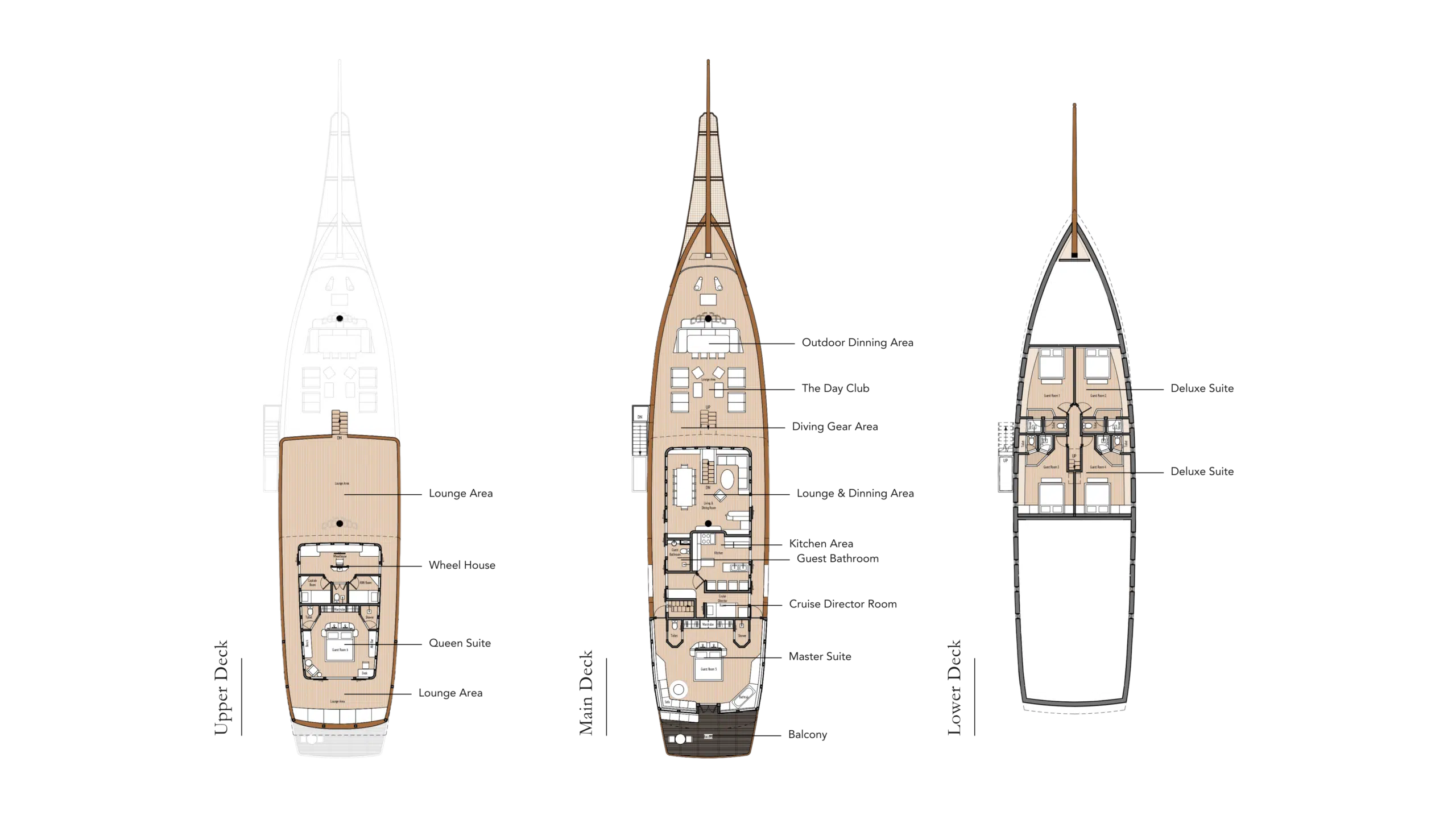 Deck plan of Otium, upper deck, main deck and lower deck