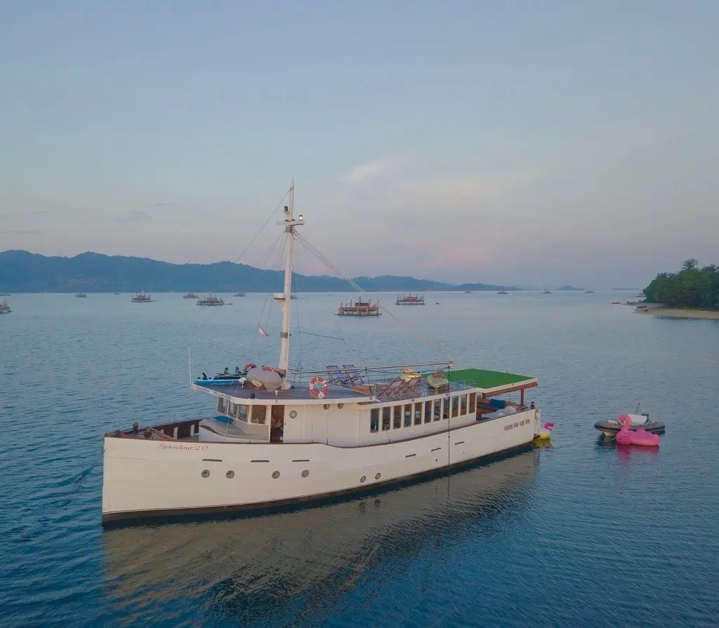Aerial view of Splendour, a 3-cabin boutique yacht for private charter in Komodo, Indonesia